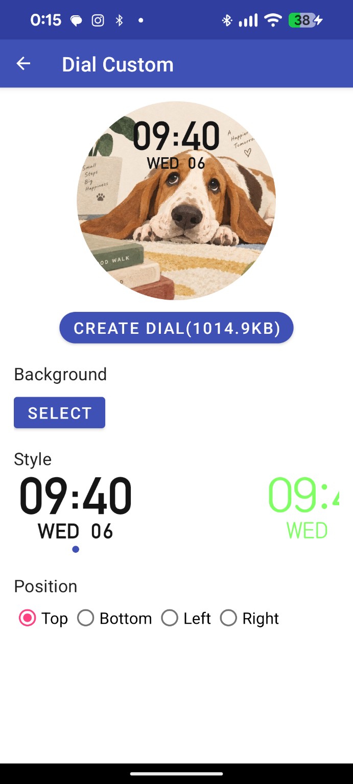 犬の写真を背景にしたカスタム文字盤の作成画面